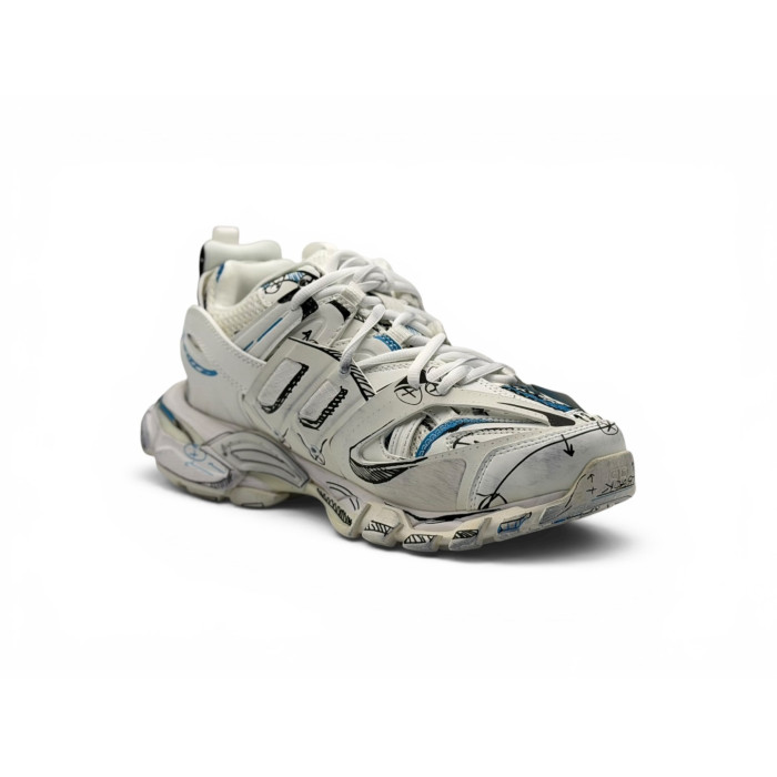 Balenciaga Track 1.0 Sneakers ' White Blue Mesh and Nylon Graffiti'