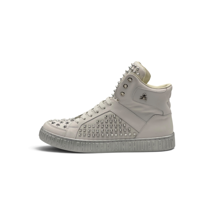 PHILIPP PLEIN Nappa Leather Mid-Top Sneakers Studs White/Silver