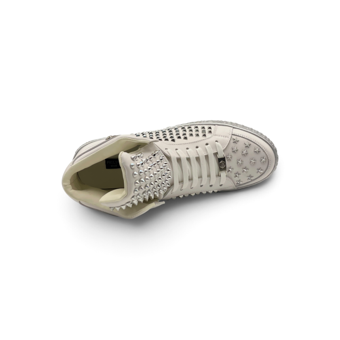 PHILIPP PLEIN Nappa Leather Mid-Top Sneakers Studs White/Silver