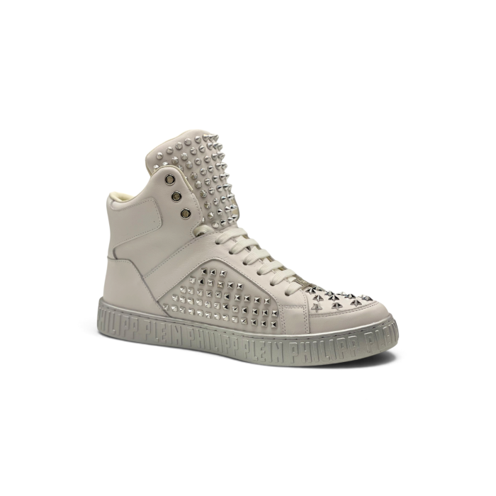 PHILIPP PLEIN Nappa Leather Mid-Top Sneakers Studs White/Silver