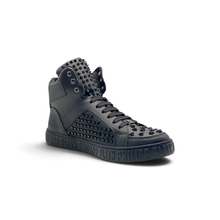 PHILIPP PLEIN Nappa Leather Mid-Top Sneakers Studs Black
