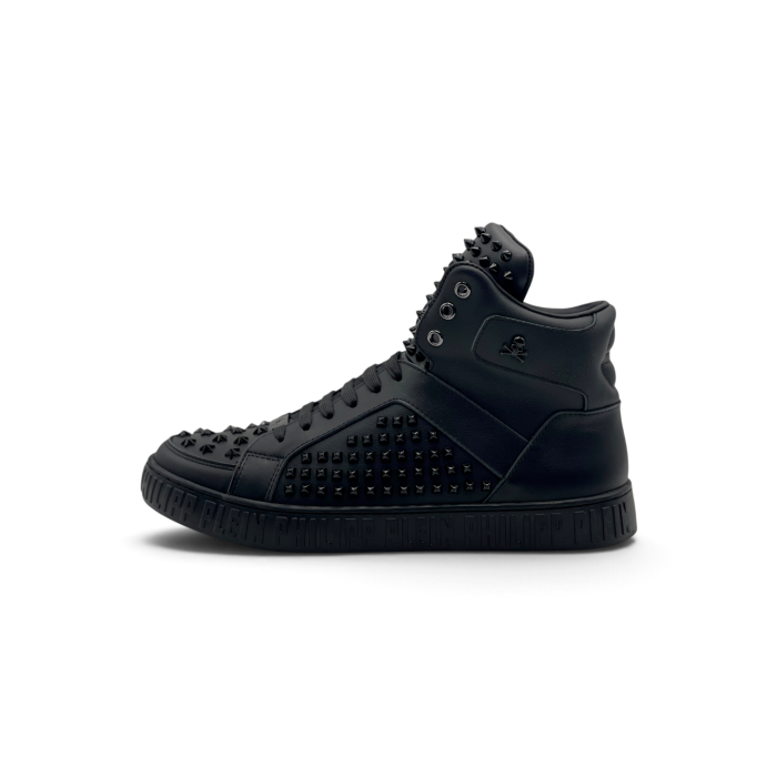 PHILIPP PLEIN Nappa Leather Mid-Top Sneakers Studs Black
